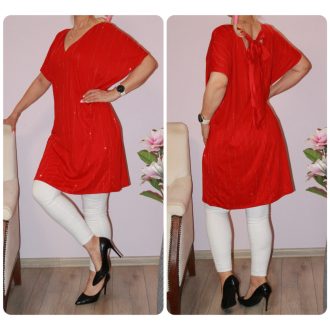   Strasszos,dupla V kivágású,nyaknál kötős tunika ! piros XL-XXL