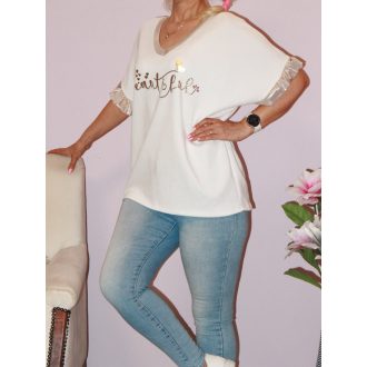 Fodros aranyujjú,feliratos V nyakú ! fehér XL-XXL