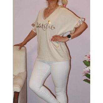 Fodros aranyujjú,feliratos V nyakú ! bézs XL-XXL
