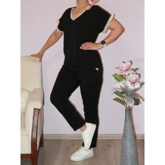   Arany V nyakú,fodros ujjú,gumis derekú,zsebes szett ! fekete  M-L