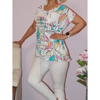   Levél mintás,ezüst feliratos,alja kötős felső! fehér-pink-türkiz L-XXL