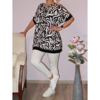 Mintás,húzott nyakú,zsebes tunika!  fekete-fehér XXL-3XL