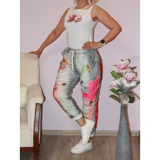   Mintás,zsebes ,gyűrt anyagú,gumisderekú  nadrág ! szürke-pink-zöld L-XXL