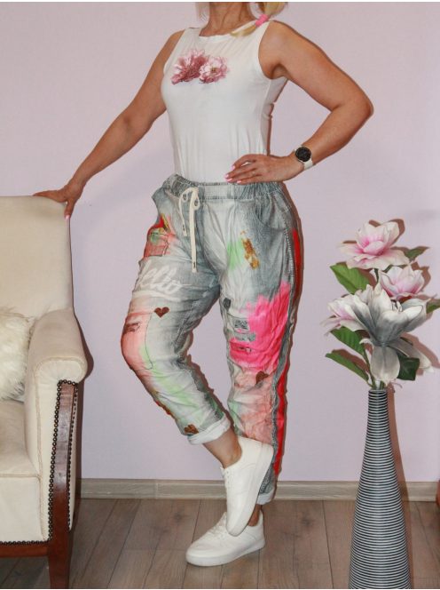 Mintás,zsebes ,gyűrt anyagú,gumisderekú  nadrág ! szürke-pink-zöld L-XXL