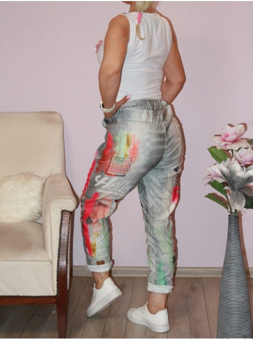 Mintás,zsebes ,gyűrt anyagú,gumisderekú  nadrág ! szürke-pink-zöld L-XXL