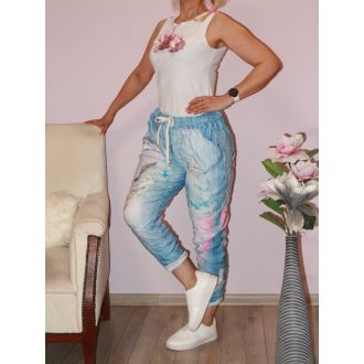   Mintás,zsebes ,gyűrt anyagú,gumisderekú  nadrág ! farmerkék-rózsaszín L-XXL