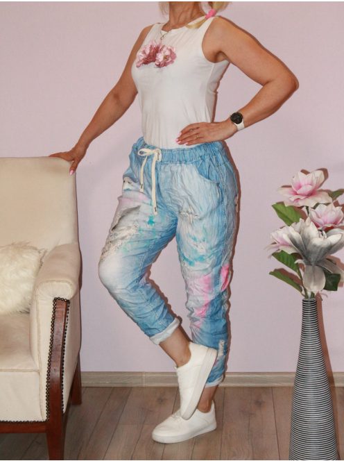Mintás,zsebes ,gyűrt anyagú,gumisderekú  nadrág ! farmerkék-rózsaszín L-XXL