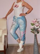 Mintás,zsebes ,gyűrt anyagú,gumisderekú  nadrág ! farmerkék-rózsaszín L-XXL