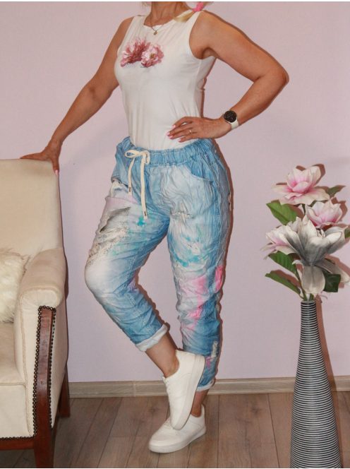 Mintás,zsebes ,gyűrt anyagú,gumisderekú  nadrág ! farmerkék-rózsaszín L-XXL