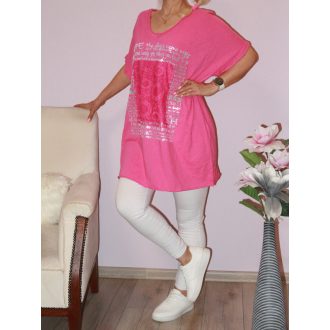 Csipkebetétes,ezüst feliratos tunika! pink  3XL-4XL