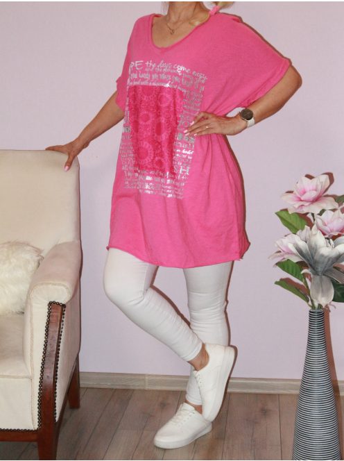 Csipkebetétes,ezüst feliratos tunika! pink  3XL-4XL