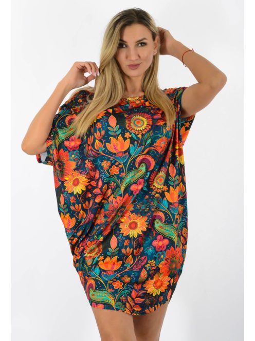  Virág mintás,aszimmetrikus, lenge tunika! korall-petrol  L-XXL