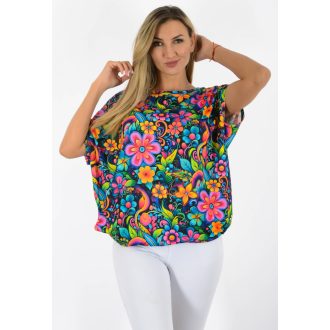   Virág mintás,aszimmetrikus,gumis aljú felső ! fekete-pink-sárga-zöld L-XXL