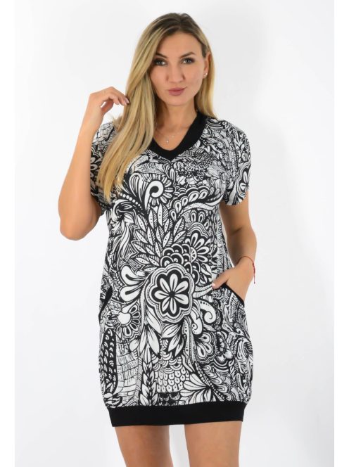 Mintás, V nyakú,zsebes tunika ! fekete-fehér L-XL