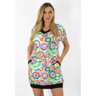 Mintás, V nyakú,zsebes tunika ! fehér-zöld-pink  L-XL