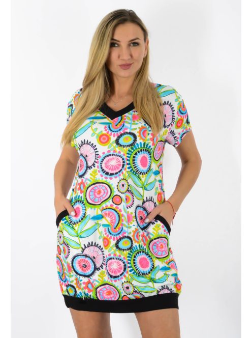 Mintás, V nyakú,zsebes tunika ! fehér-zöld-pink  L-XL