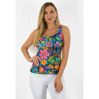 Virág mintás trikó!  fekete-pink-sárga-zöld L-XXL