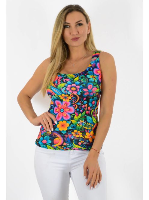 Virág mintás trikó!  fekete-pink-sárga-zöld L-XXL