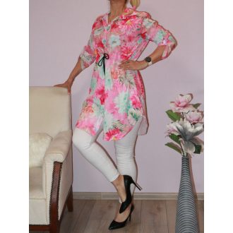   Virágos,derékban kötős,roll-up ujjú,gombos ingtunika! pink  M-XL