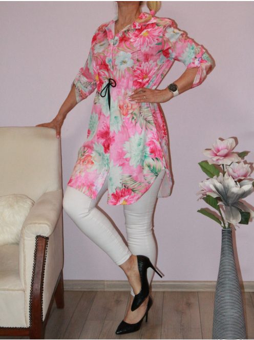 Virágos,derékban kötős,roll-up ujjú,gombos ingtunika! pink  M-XL