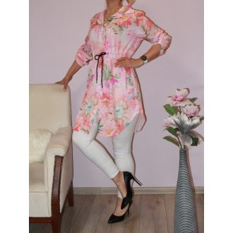   Virágos,derékban kötős,roll-up ujjú,gombos ingtunika! barack-lila  M-XL