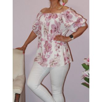   Virágos,vállra húzható,húzott ujjú felső! mályva-ekrü M-XL