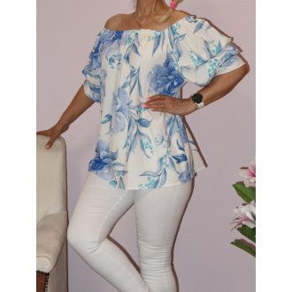   Virágos,vállra húzható,húzott ujjú felső! kék-ekrü M-XL