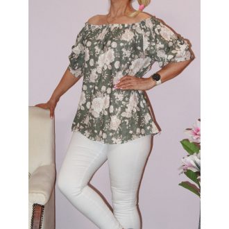   Virágos,vállra húzható,húzott ujjú felső! khaki-ekrü M-XL