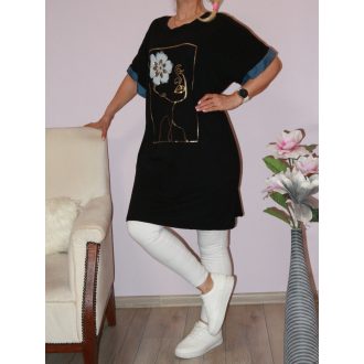 Arany mintás,strasszos,farmerujjú tunika! fekete  XXL-3XL
