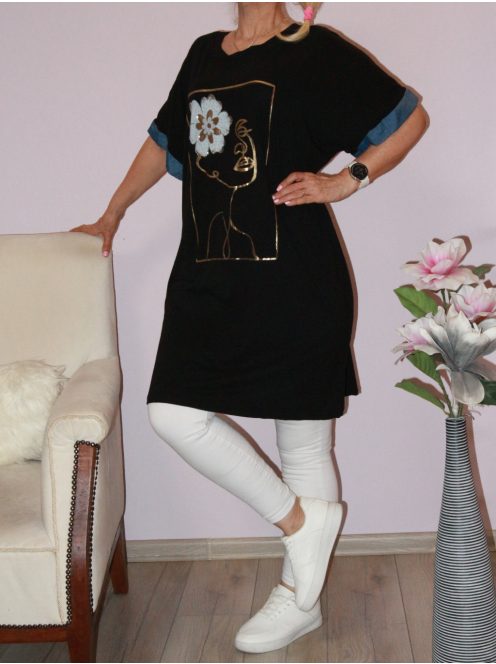 Arany mintás,strasszos,farmerujjú tunika! fekete  XXL-3XL