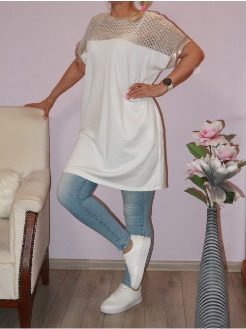 Horgolt ezüst betétes,zsebes tunika! törtfehér L-XXL