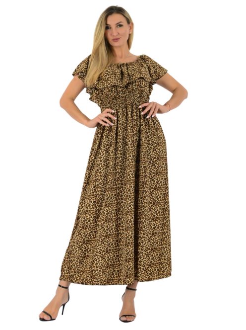 Leopárdos,fodros,vállra húzható maxi ruha !  L-XXL