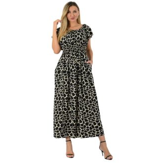   Mintás,fodros,vállra húzható maxi ruha ! fekete-ekrü L-XXL