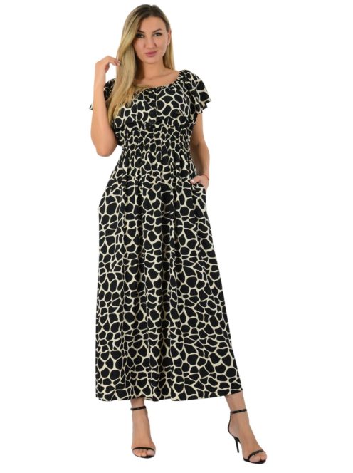 Mintás,fodros,vállra húzható maxi ruha ! fekete-ekrü L-XXL