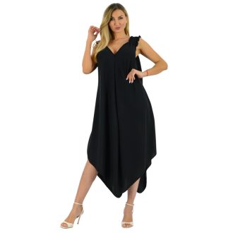   Gumírozott vállú,dupla V kivágású,cakkos aljú maxi ruha ! fekete XL-3XL
