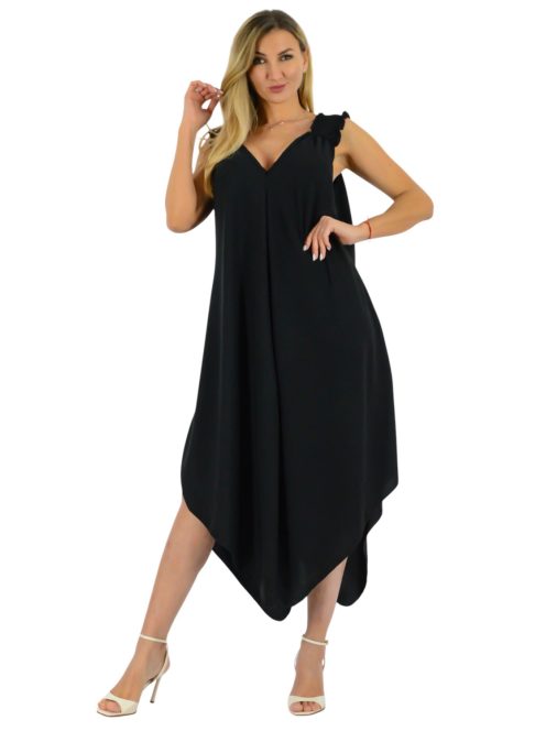 Gumírozott vállú,dupla V kivágású,cakkos aljú maxi ruha ! fekete XL-3XL