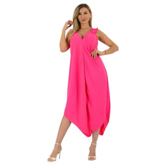   Gumírozott vállú,dupla V kivágású,cakkos aljú maxi ruha ! pink  XL-3XL