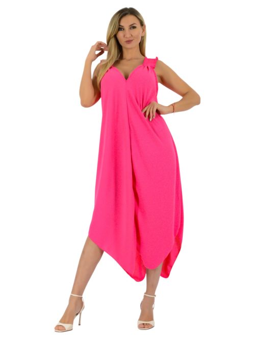 Gumírozott vállú,dupla V kivágású,cakkos aljú maxi ruha ! pink  XL-3XL