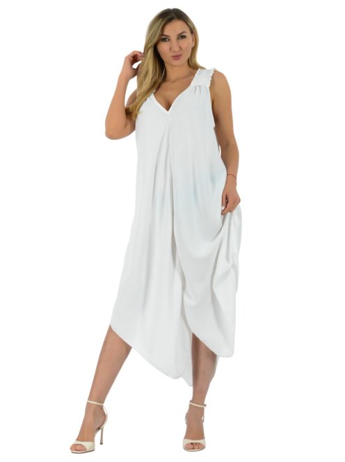 Gumírozott vállú,dupla V kivágású,cakkos aljú maxi ruha ! fehér  XL-3XL