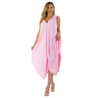   Gumírozott vállú,dupla V kivágású,cakkos aljú maxi ruha ! rózsaszín  XL-3XL