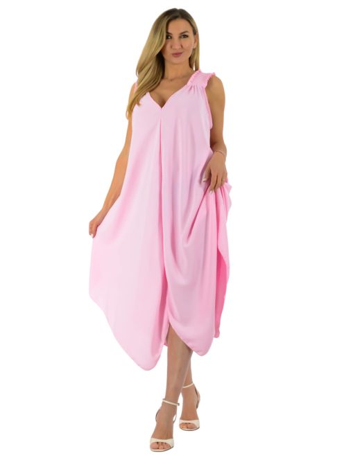 Gumírozott vállú,dupla V kivágású,cakkos aljú maxi ruha ! rózsaszín  XL-3XL