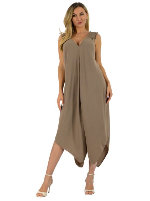 Gumírozott vállú,dupla V kivágású,cakkos aljú maxi ruha ! cappuccino  XL-3XL