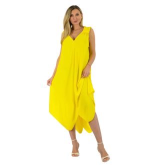   Gumírozott vállú,dupla V kivágású,cakkos aljú maxi ruha ! sárga  XL-3XL