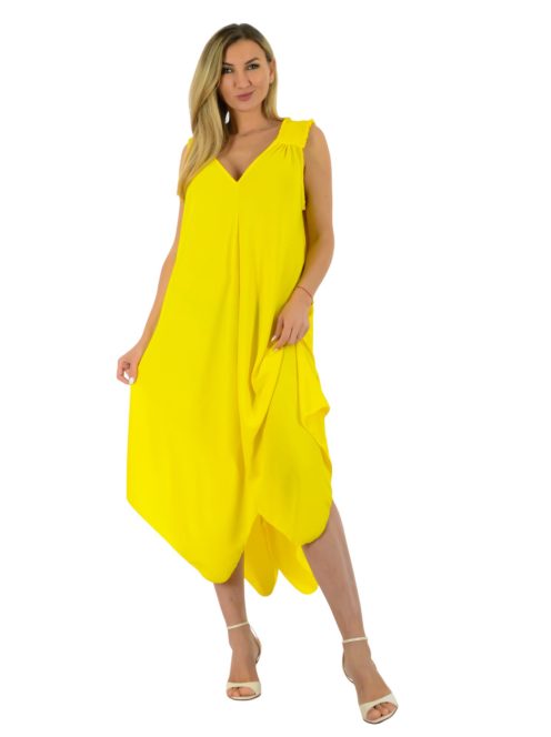Gumírozott vállú,dupla V kivágású,cakkos aljú maxi ruha ! sárga  XL-3XL