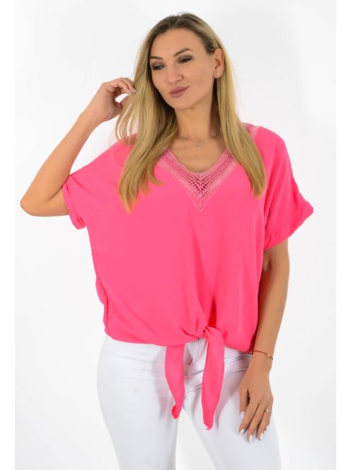 Horgolt,flitteres V nyakú,alja kötős felső! pink L-XXL