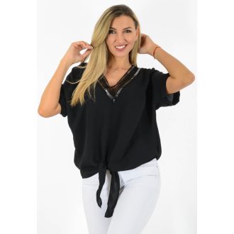 Horgolt,flitteres V nyakú,alja kötős felső! fekete L-XXL