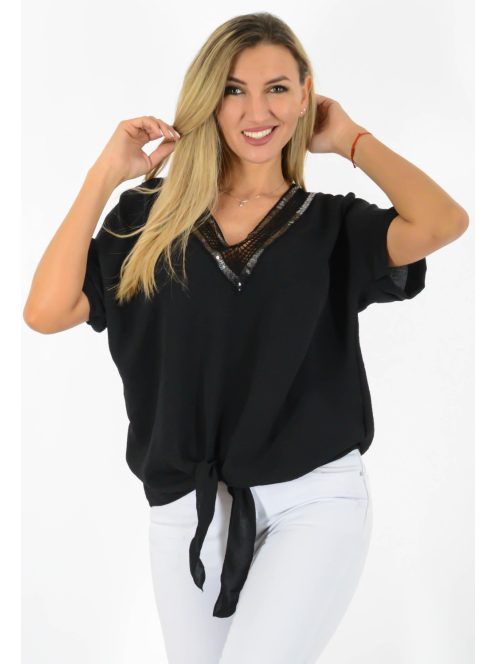 Horgolt,flitteres V nyakú,alja kötős felső! fekete L-XXL