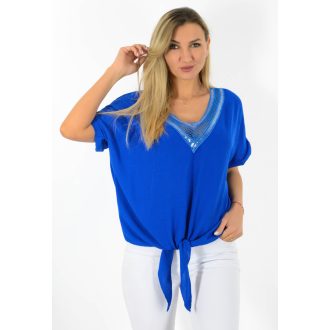   Horgolt,flitteres V nyakú,alja kötős felső! királykék L-XXL