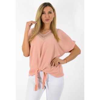   Horgolt,flitteres V nyakú,alja kötős felső! púderrózsaszín L-XXL