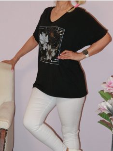 Strasszos virágos,V nyakú felső ! fekete XL-XXL